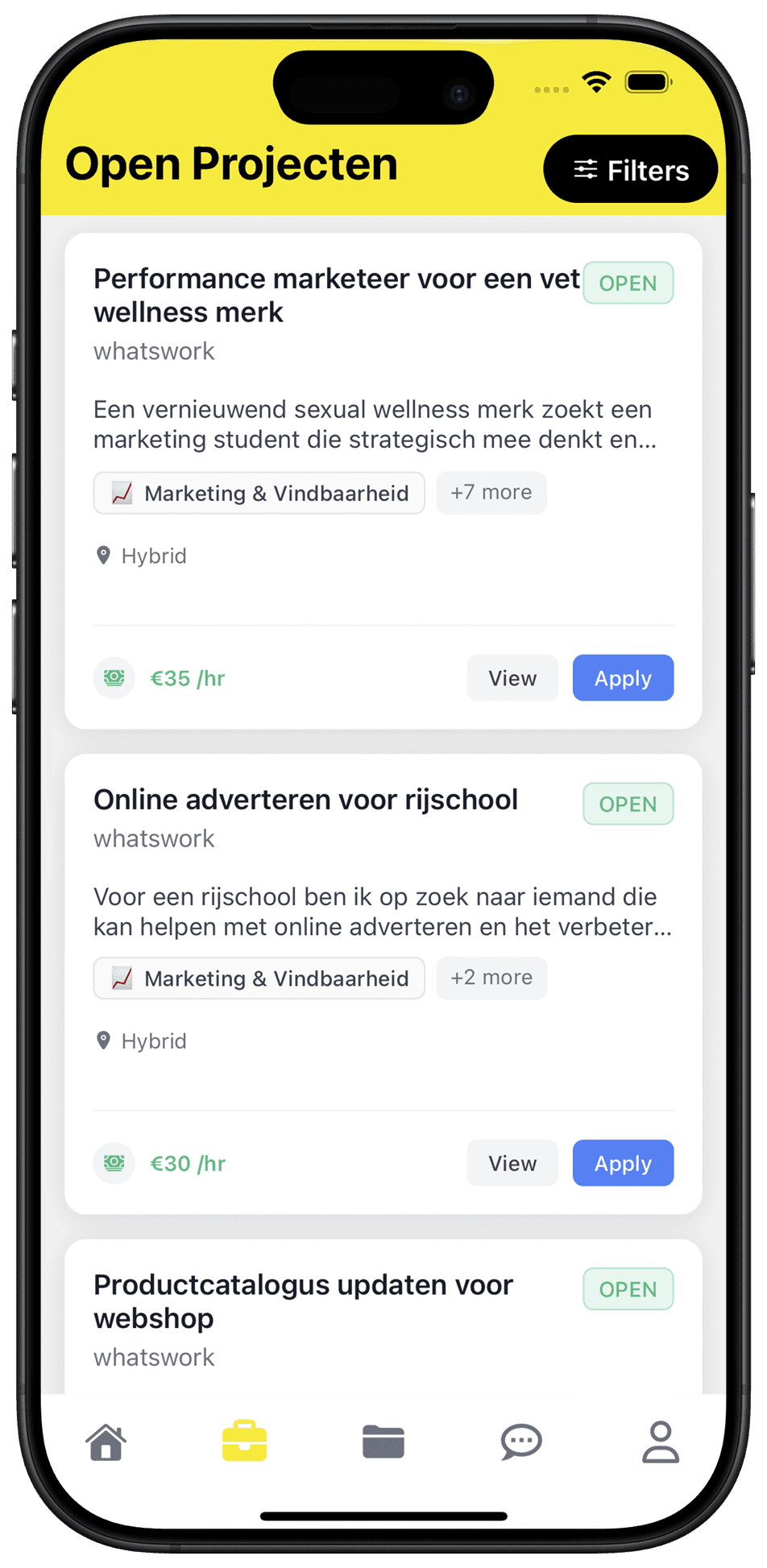 whatswork mobile app — list of open projects